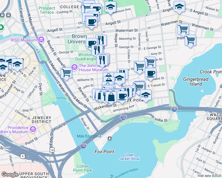 map of restaurants, bars, coffee shops, grocery stores, and more near 181 Brook Street in Providence