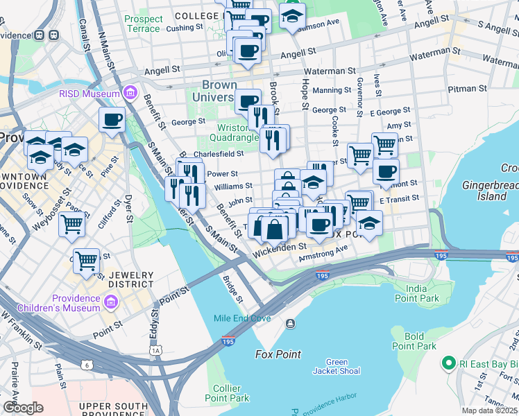 map of restaurants, bars, coffee shops, grocery stores, and more near 31 John Street in Providence