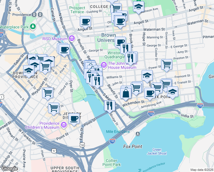 map of restaurants, bars, coffee shops, grocery stores, and more near 376 Benefit Street in Providence