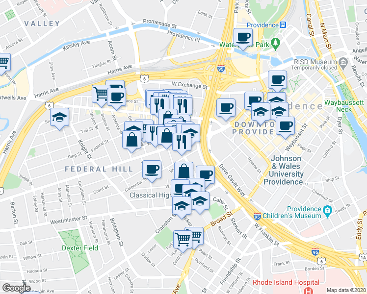 map of restaurants, bars, coffee shops, grocery stores, and more near 159 Broadway in Providence