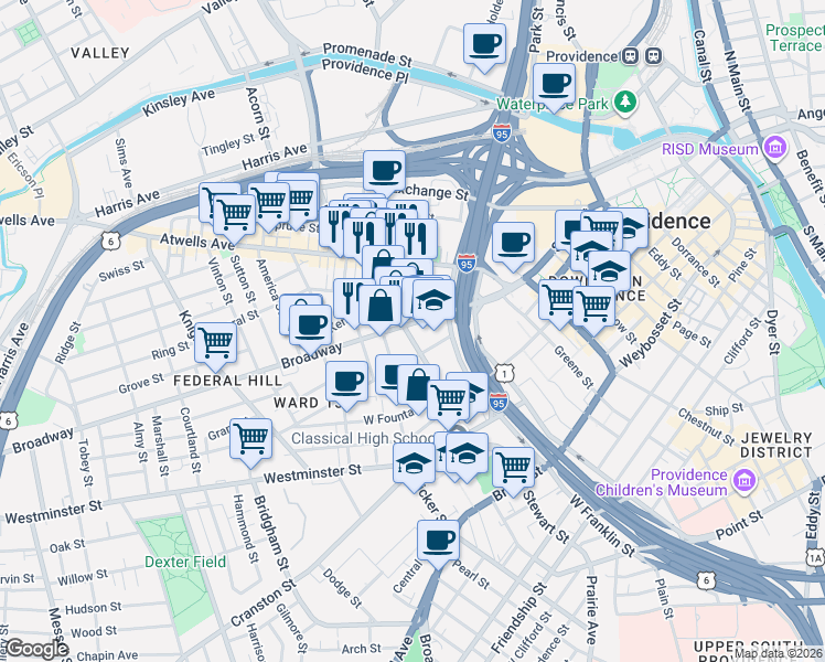 map of restaurants, bars, coffee shops, grocery stores, and more near 159 Broadway in Providence