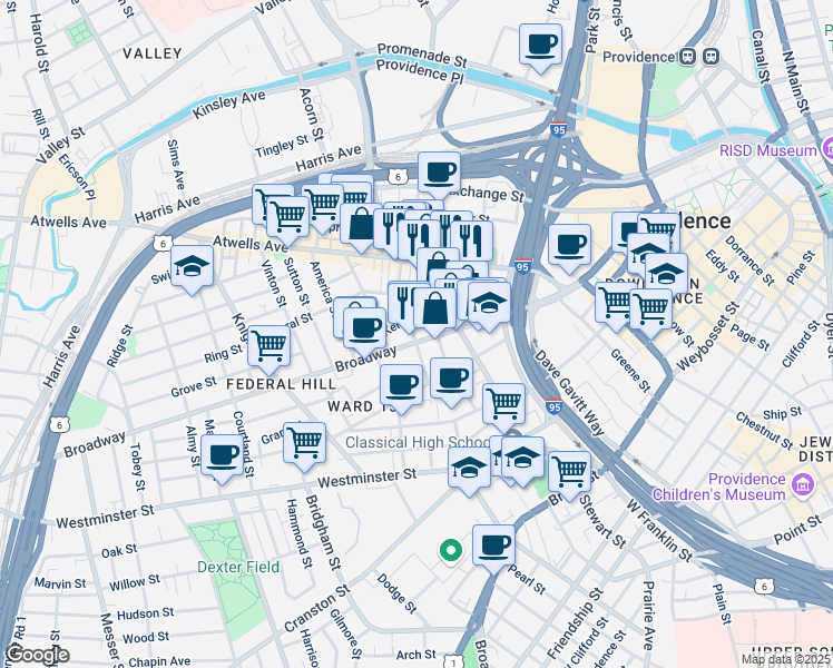 map of restaurants, bars, coffee shops, grocery stores, and more near 16 Pallas Street in Providence