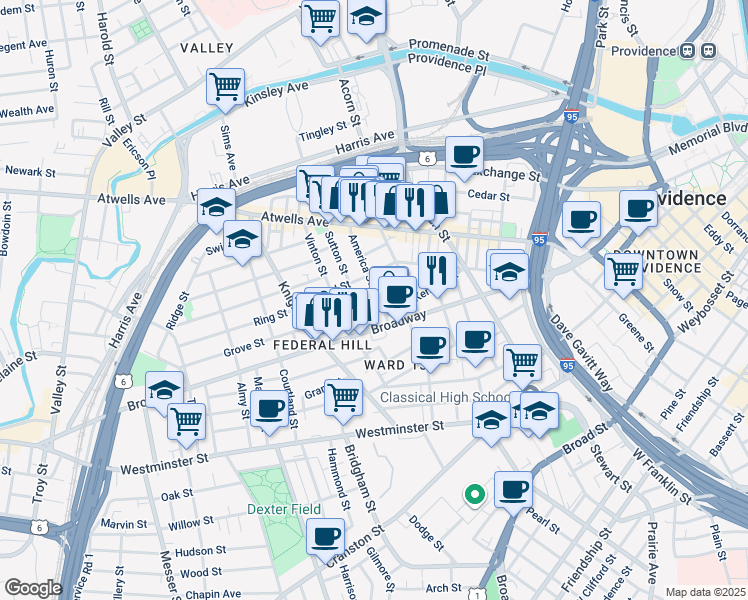 map of restaurants, bars, coffee shops, grocery stores, and more near 78 America Street in Providence
