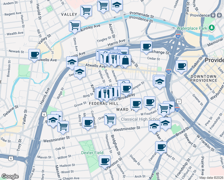 map of restaurants, bars, coffee shops, grocery stores, and more near 125 Sutton Street in Providence