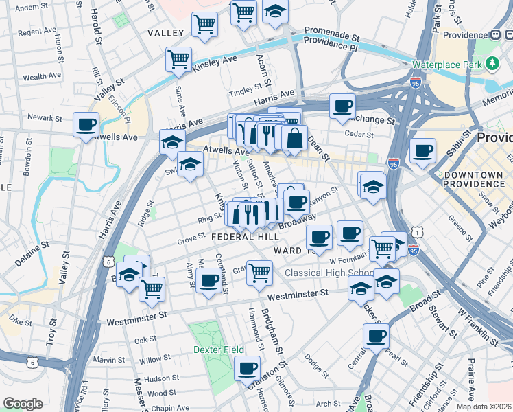 map of restaurants, bars, coffee shops, grocery stores, and more near 125 Sutton Street in Providence