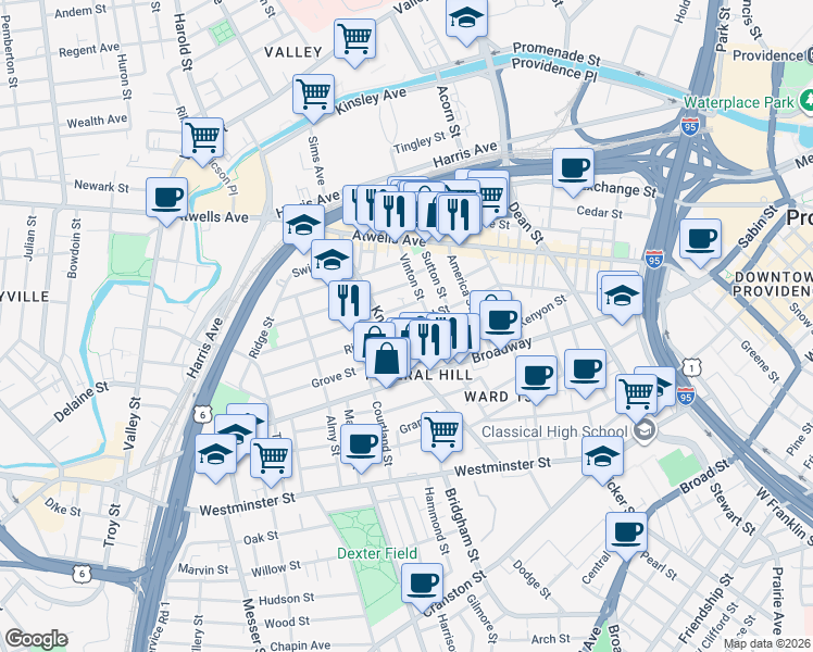 map of restaurants, bars, coffee shops, grocery stores, and more near 22 Penn Street in Providence