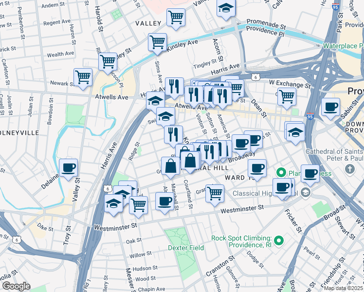 map of restaurants, bars, coffee shops, grocery stores, and more near 57 Penn Street in Providence