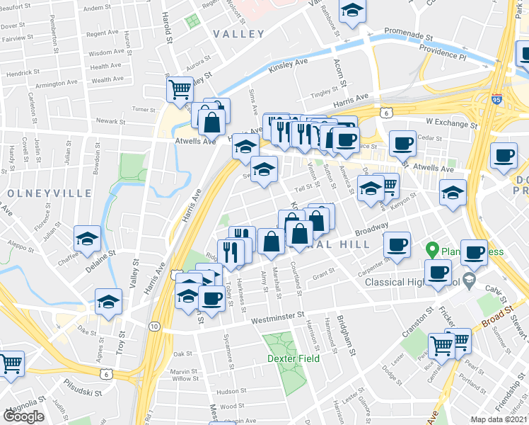 map of restaurants, bars, coffee shops, grocery stores, and more near 92 Tell Street in Providence