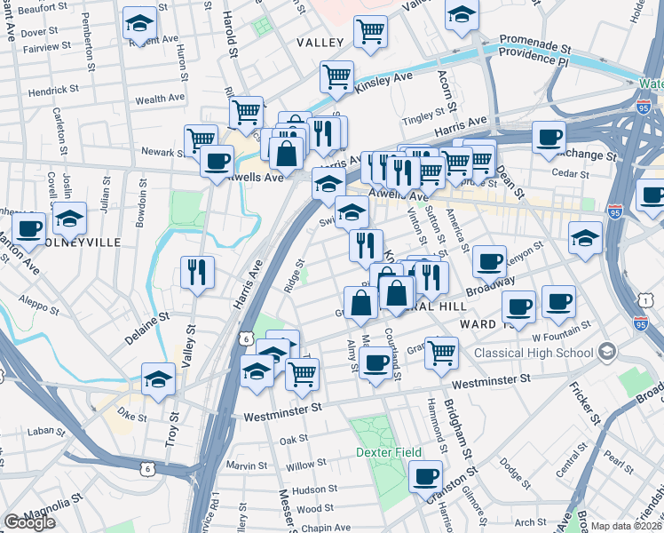 map of restaurants, bars, coffee shops, grocery stores, and more near 125 Tell Street in Providence