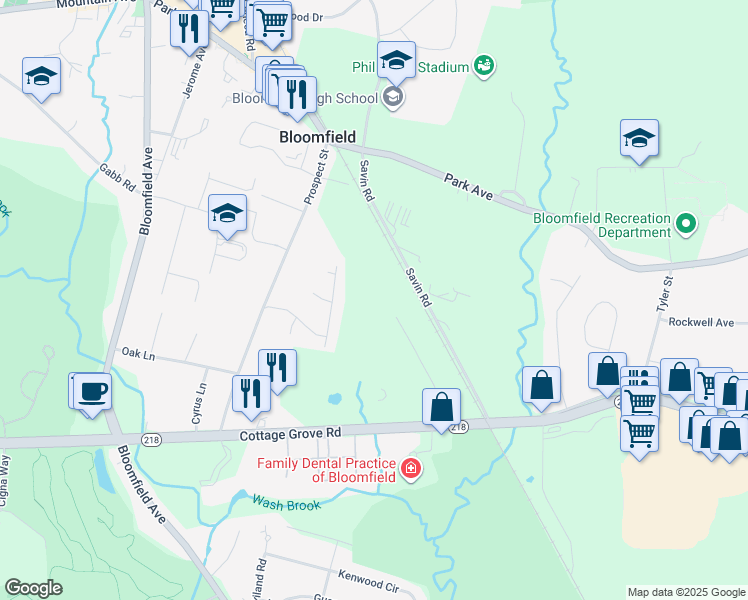 map of restaurants, bars, coffee shops, grocery stores, and more near 98 Jolley Drive in Bloomfield