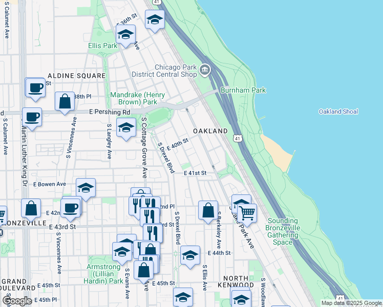 map of restaurants, bars, coffee shops, grocery stores, and more near 21 South Ellis Avenue in Chicago