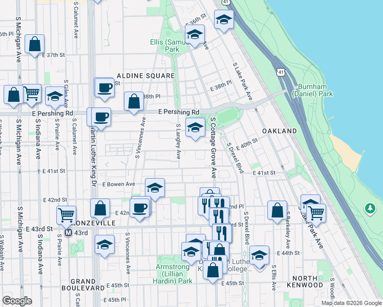 map of restaurants, bars, coffee shops, grocery stores, and more near 714 East 40th Street in Chicago