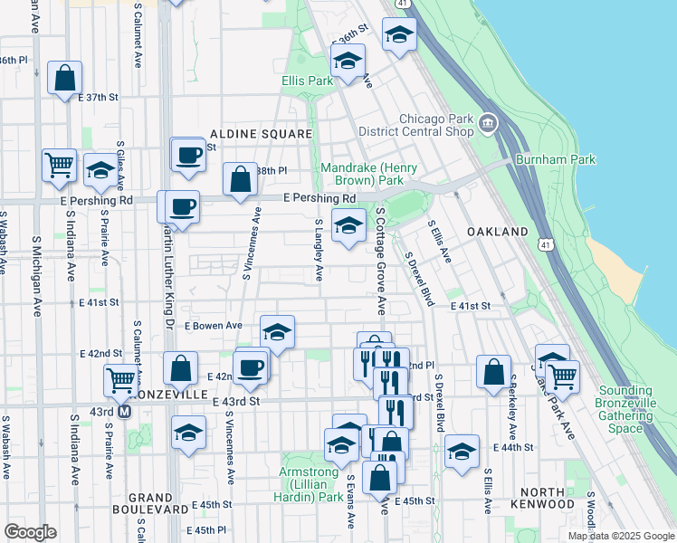 map of restaurants, bars, coffee shops, grocery stores, and more near 714 East 40th Street in Chicago