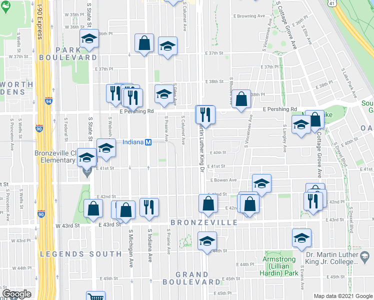 map of restaurants, bars, coffee shops, grocery stores, and more near 4015 South Calumet Avenue in Chicago