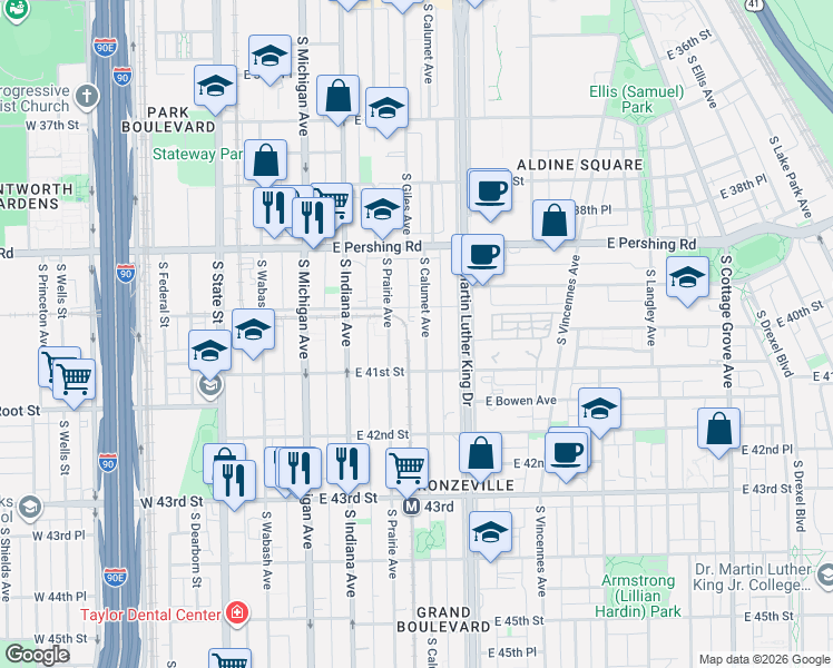 map of restaurants, bars, coffee shops, grocery stores, and more near 4017 South Prairie Avenue in Chicago