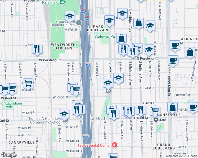 map of restaurants, bars, coffee shops, grocery stores, and more near 4007 South Federal Street in Chicago