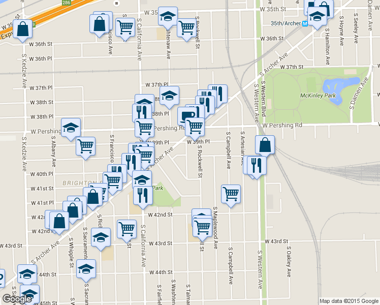 map of restaurants, bars, coffee shops, grocery stores, and more near 3944 South Rockwell Street in Chicago