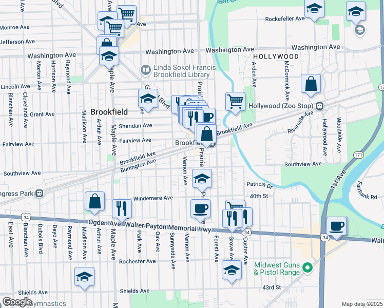 map of restaurants, bars, coffee shops, grocery stores, and more near 8911 Burlington Avenue in Brookfield