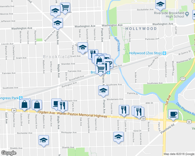 map of restaurants, bars, coffee shops, grocery stores, and more near 8911 Burlington Avenue in Brookfield