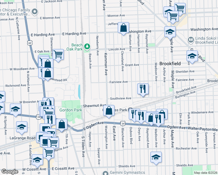 map of restaurants, bars, coffee shops, grocery stores, and more near 3805 Kemman Avenue in Brookfield