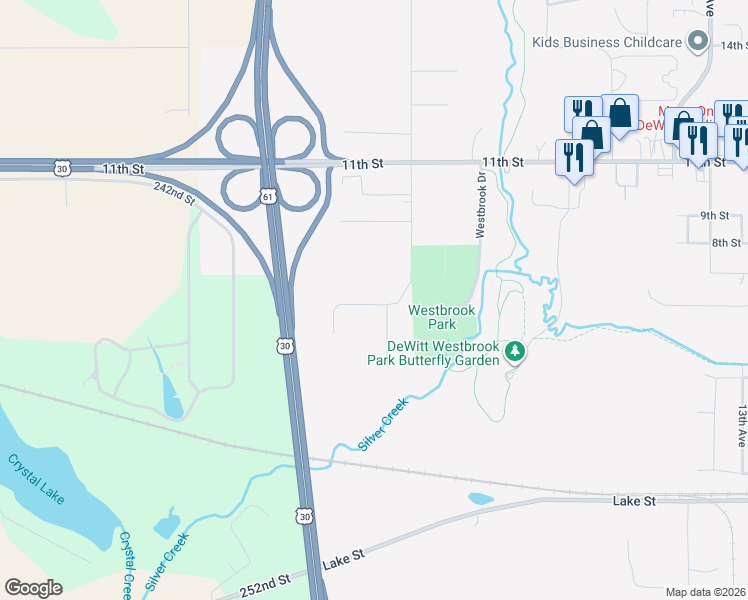 map of restaurants, bars, coffee shops, grocery stores, and more near 2516 Westwood Street in DeWitt