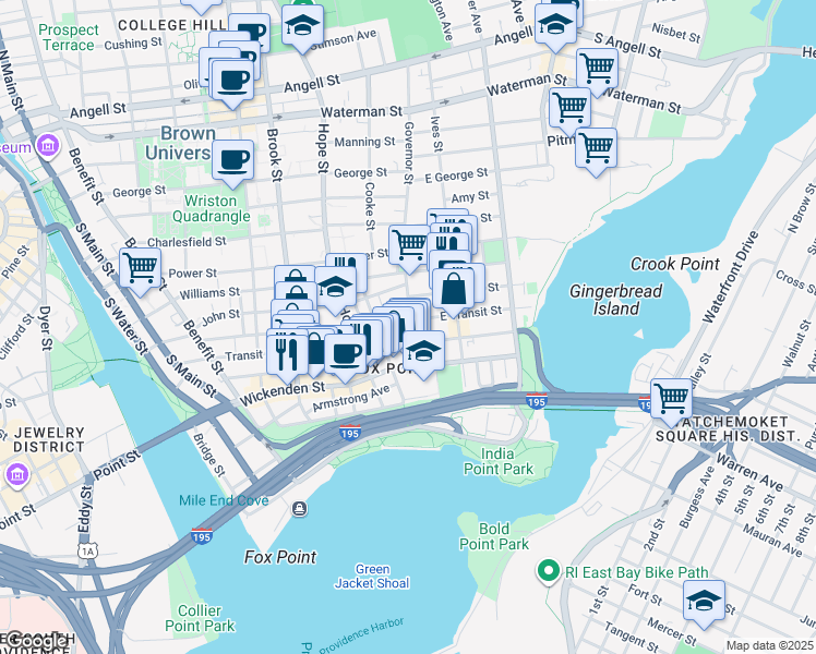 map of restaurants, bars, coffee shops, grocery stores, and more near 34 Governor Street in Providence