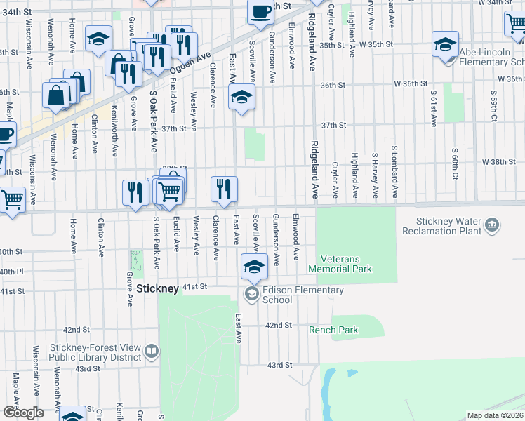 map of restaurants, bars, coffee shops, grocery stores, and more near 6515B West Pershing Road in Berwyn