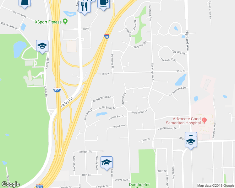 map of restaurants, bars, coffee shops, grocery stores, and more near 3613 Buckthorn Lane in Downers Grove