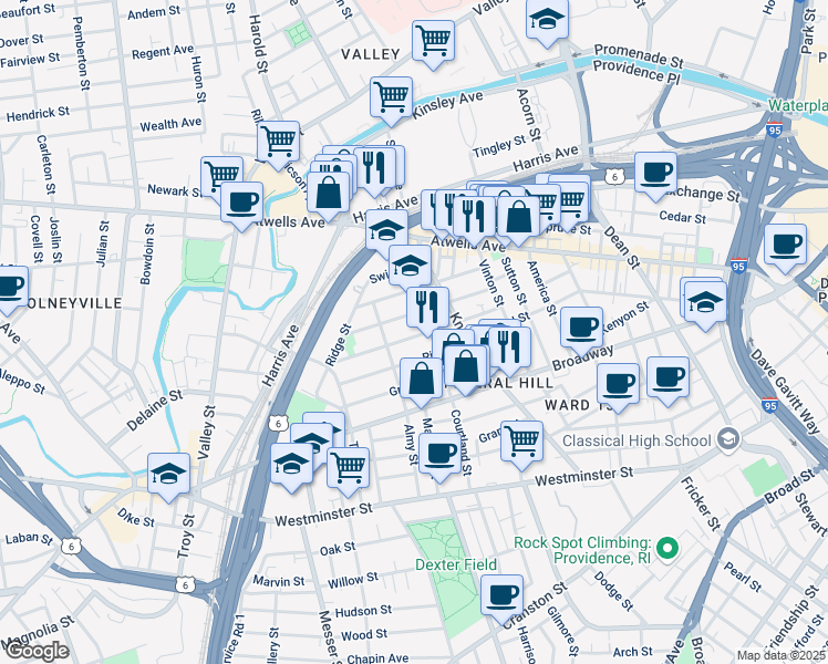 map of restaurants, bars, coffee shops, grocery stores, and more near 87 Penn Street in Providence