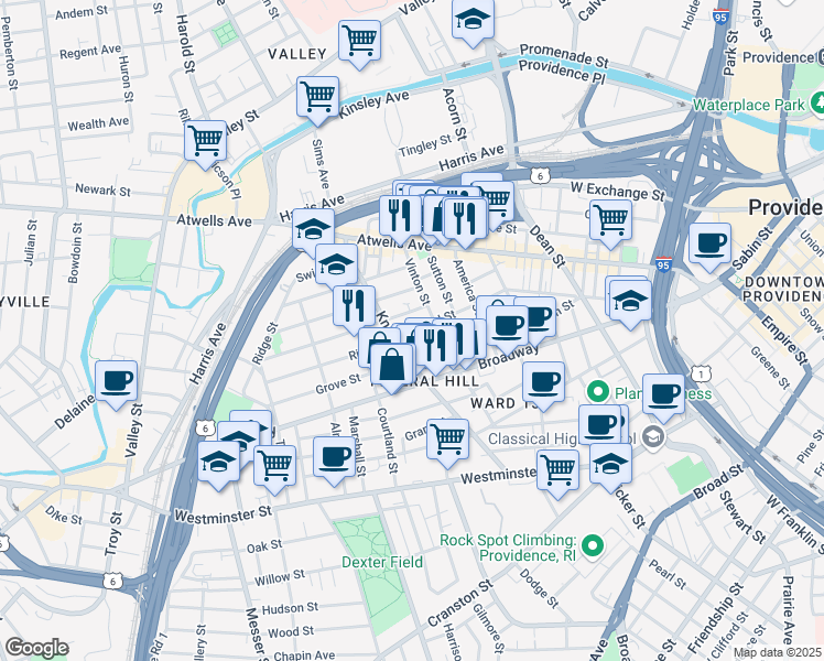 map of restaurants, bars, coffee shops, grocery stores, and more near 239 Federal Street in Providence
