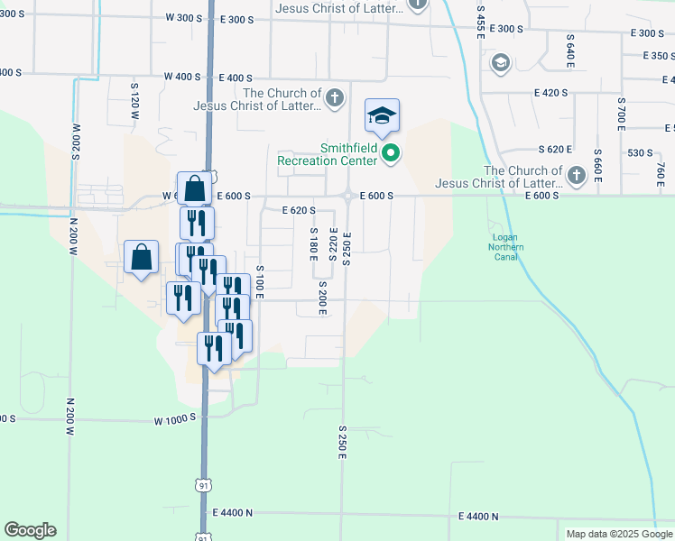 map of restaurants, bars, coffee shops, grocery stores, and more near 754 South 220 East in Smithfield