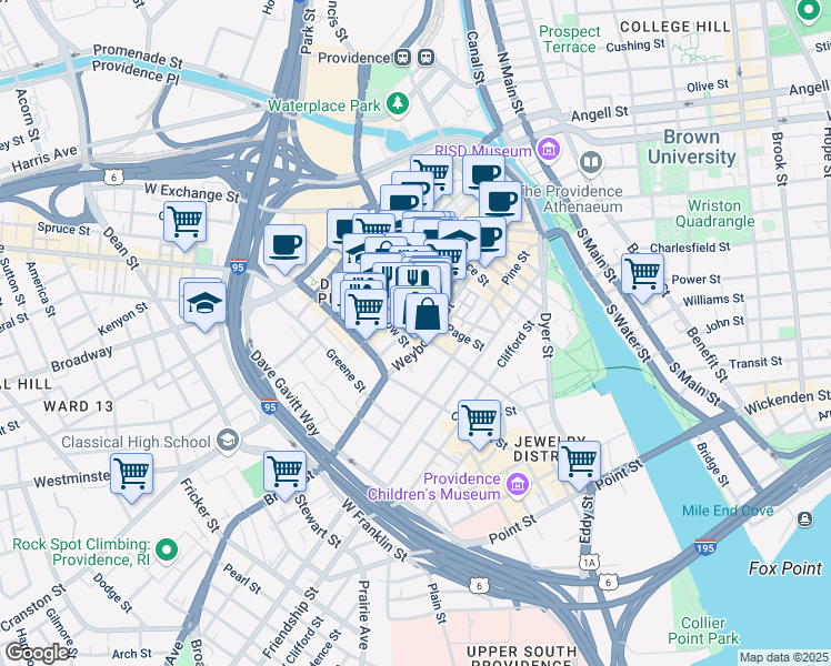 map of restaurants, bars, coffee shops, grocery stores, and more near 233 Weybosset Street in Providence