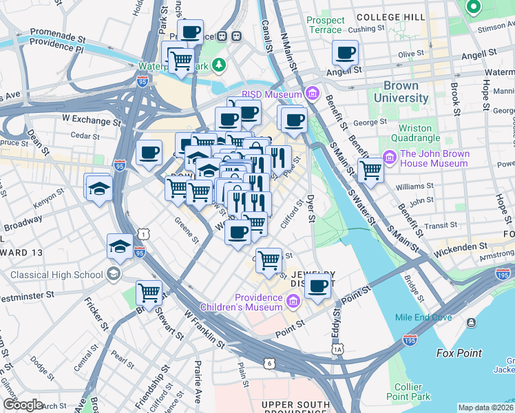 map of restaurants, bars, coffee shops, grocery stores, and more near 32 Page Street in Providence