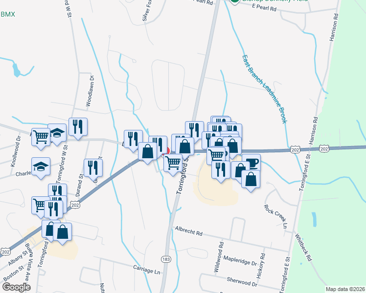 map of restaurants, bars, coffee shops, grocery stores, and more near 1057 Connecticut 183 in Torrington