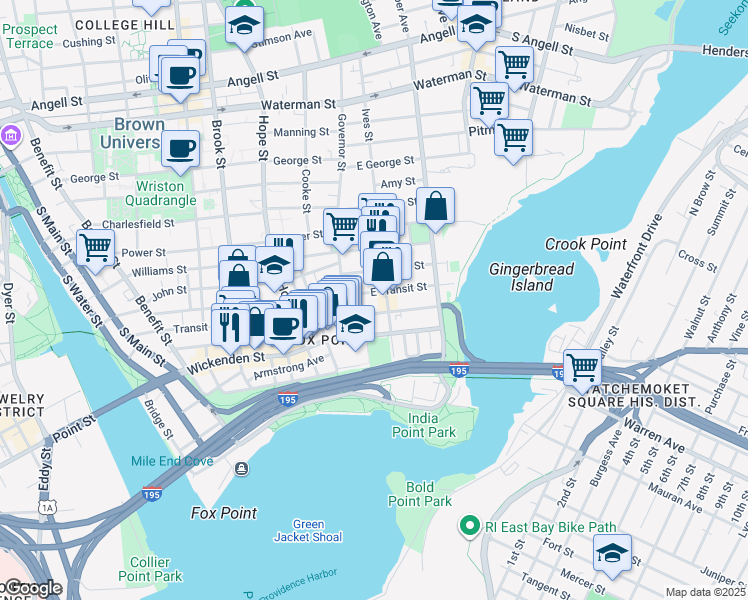 map of restaurants, bars, coffee shops, grocery stores, and more near 27 East Transit Street in Providence