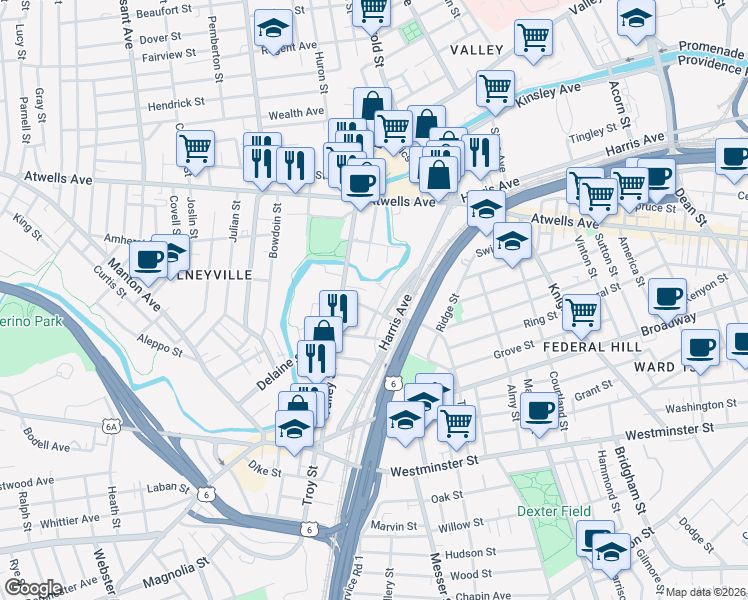 map of restaurants, bars, coffee shops, grocery stores, and more near 18 Gennaro Place in Providence