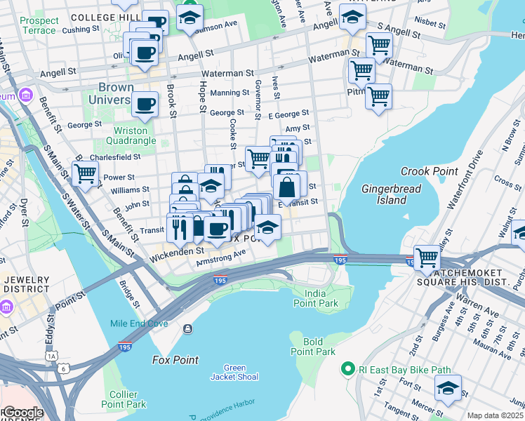 map of restaurants, bars, coffee shops, grocery stores, and more near 44 Governor Street in Providence