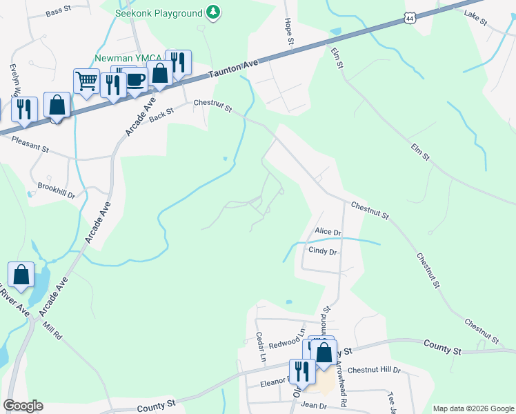 map of restaurants, bars, coffee shops, grocery stores, and more near 149R Chestnut Street in Seekonk