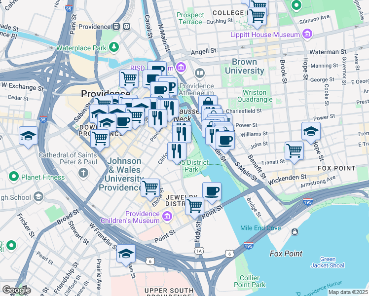 map of restaurants, bars, coffee shops, grocery stores, and more near 200 Dyer Street in Providence