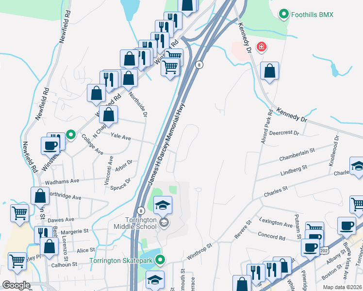 map of restaurants, bars, coffee shops, grocery stores, and more near 26 Doman Drive in Torrington