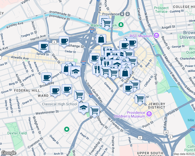 map of restaurants, bars, coffee shops, grocery stores, and more near in Providence