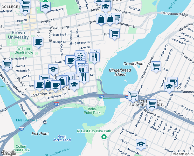 map of restaurants, bars, coffee shops, grocery stores, and more near in Providence