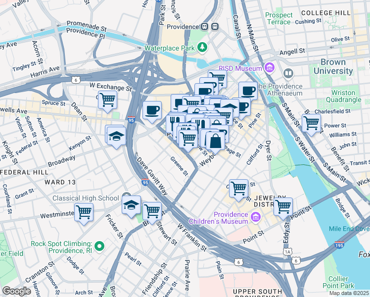 map of restaurants, bars, coffee shops, grocery stores, and more near 77 Empire Street in Providence