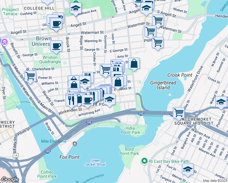 map of restaurants, bars, coffee shops, grocery stores, and more near 27 East Transit Street in Providence