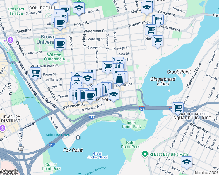 map of restaurants, bars, coffee shops, grocery stores, and more near 44 Governor Street in Providence