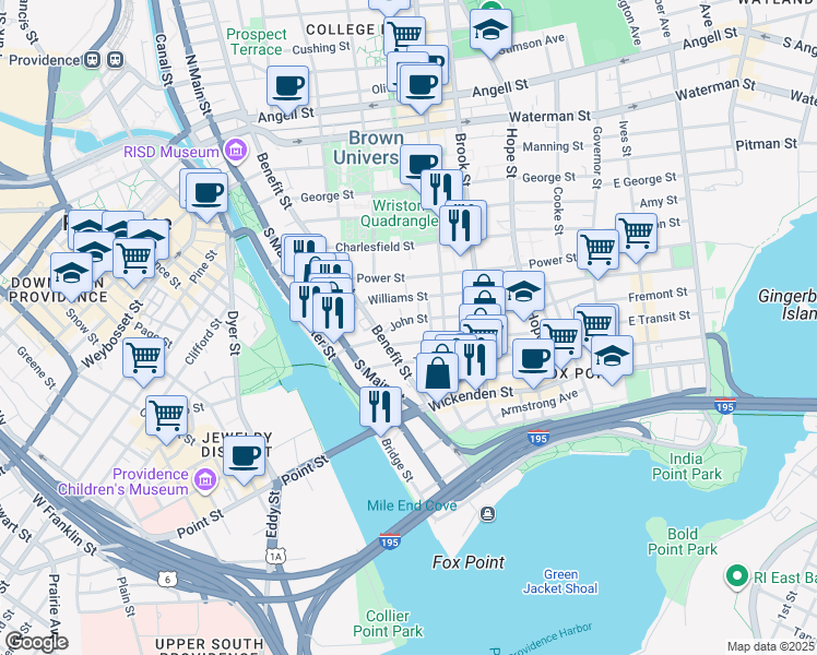 map of restaurants, bars, coffee shops, grocery stores, and more near 9 John Street in Providence