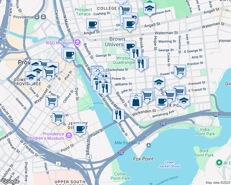 map of restaurants, bars, coffee shops, grocery stores, and more near 376 Benefit Street in Providence