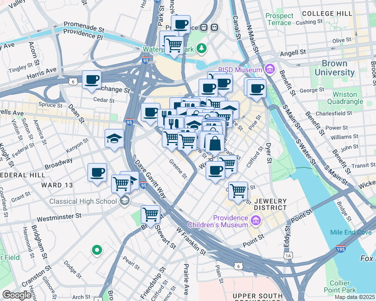 map of restaurants, bars, coffee shops, grocery stores, and more near 387 Westminster Street in Providence