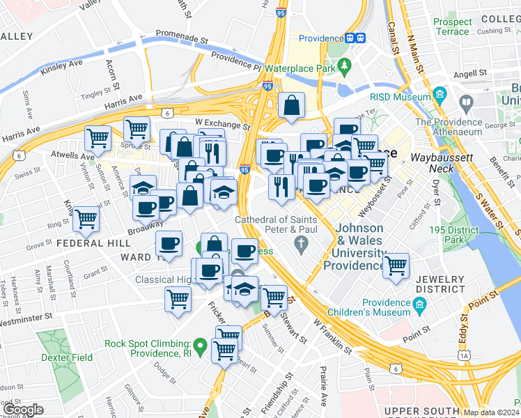 map of restaurants, bars, coffee shops, grocery stores, and more near 10 Broadway in Providence