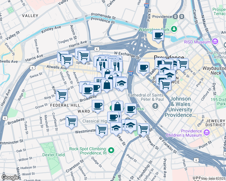 map of restaurants, bars, coffee shops, grocery stores, and more near 159 Broadway in Providence